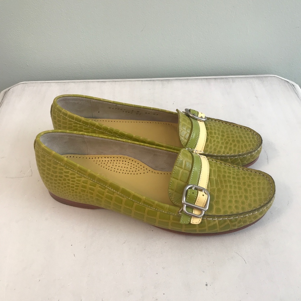 Cole Haan Lime Green Croc-Embossed Leather Loafers with Yellow Accent